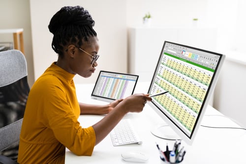 Business woman at a desk pointing at a spreadsheet on a computer screen