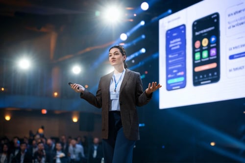 Woman holding a remote on stage speaking to an audience