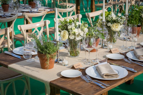 Table set with potted fresh herbs and flowers