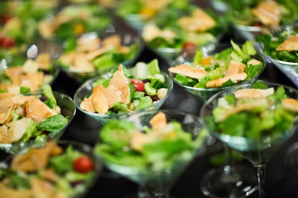 fresh salads in glass bowls